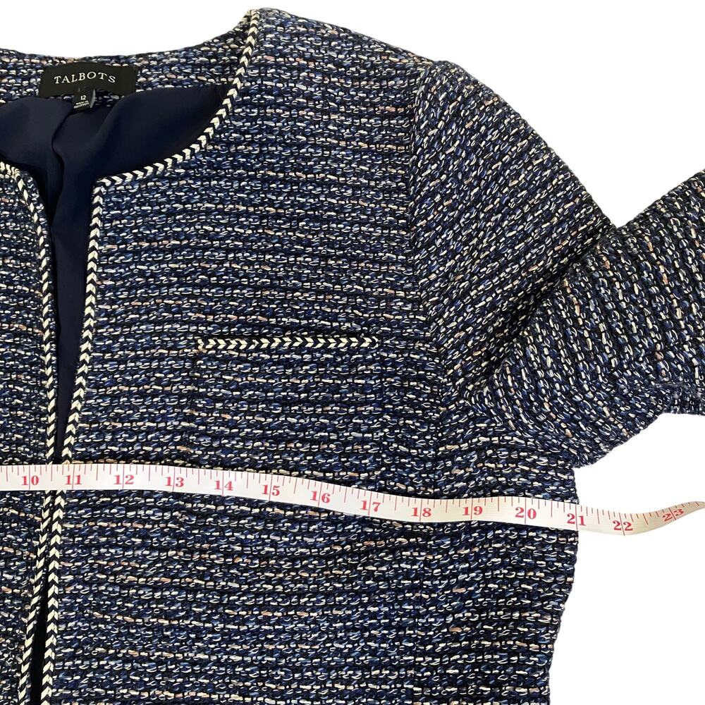 Talbots Sz 12 Airy Tweed Woven Jacket Open Front Fringe Trim Navy Classic - Picture 10 of 16